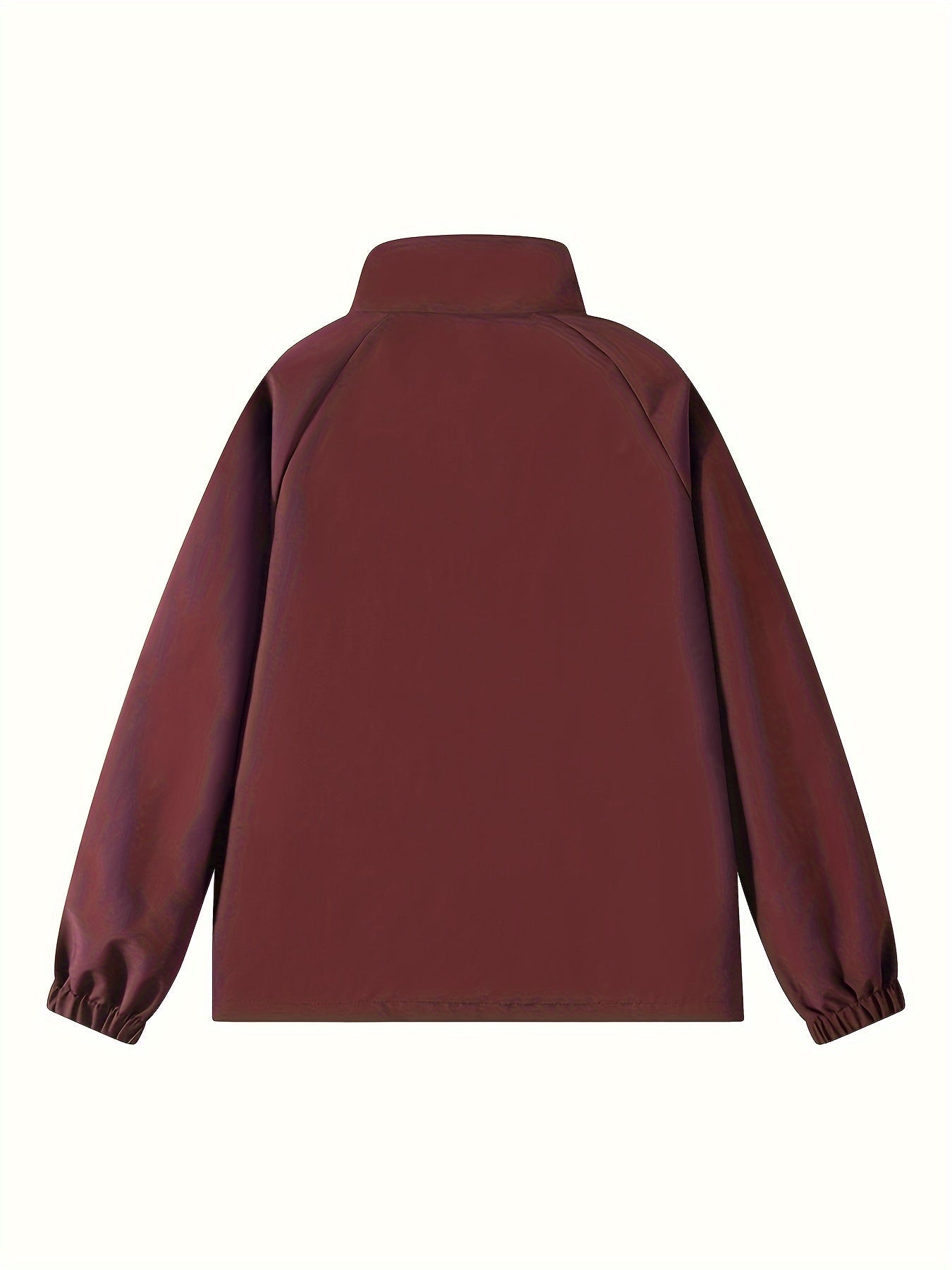 Veste marron unie à col montant, manches longues et poignets élastiques. Design minimaliste, style décontracté, mode automne-hiver.