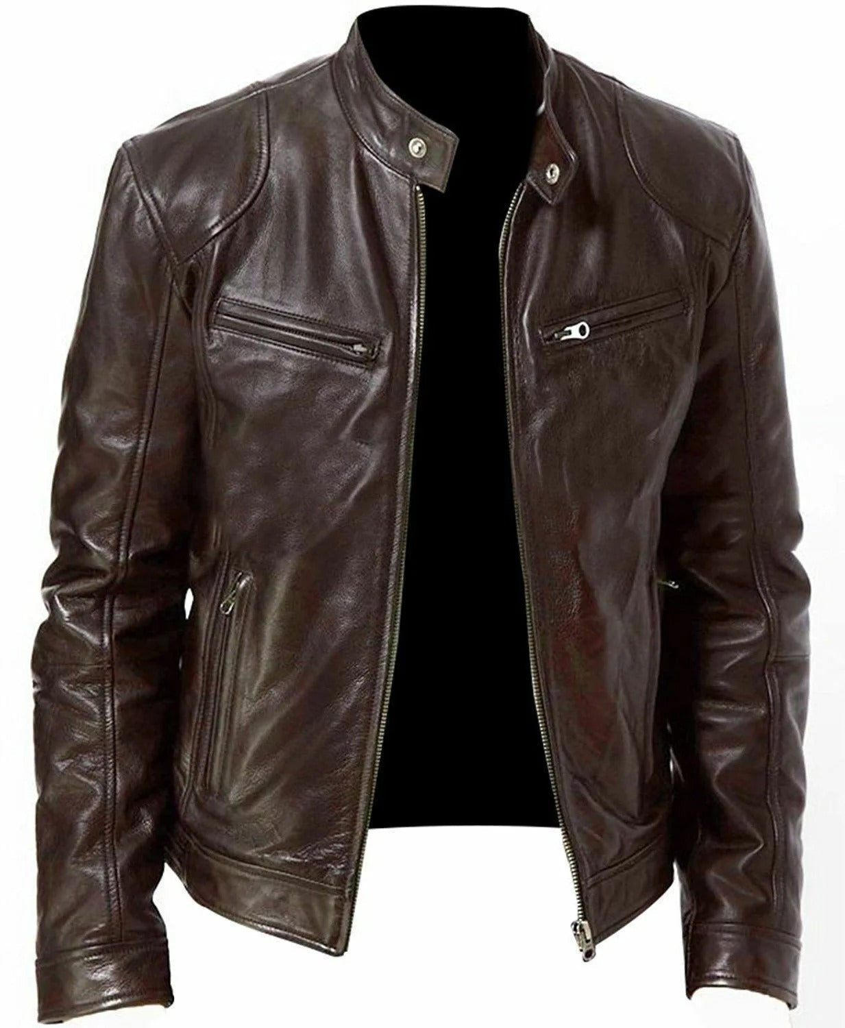 Veste en cuir marron pour homme, style motard, avec fermeture éclair, poches zippées, col montant. Mode masculine, blouson tendance.
