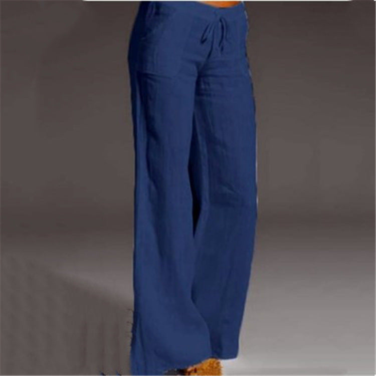 Pantalon large bleu pour femme, style décontracté, taille haute avec cordon, idéal pour l'été et les tenues de plage.