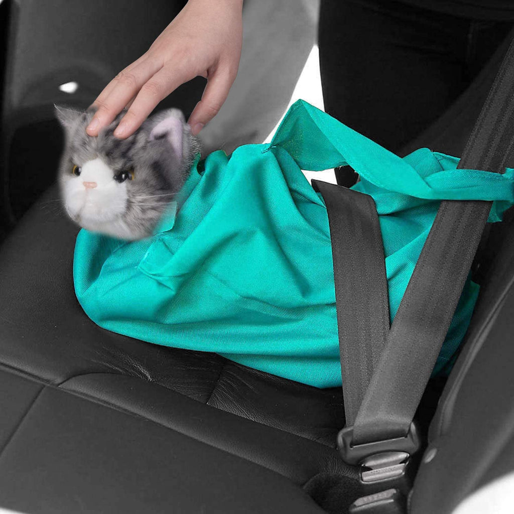 Main en train de placer un chat en peluche gris dans un sac turquoise sur un siège de voiture. Jouet sécurisé par une ceinture de sécurité.