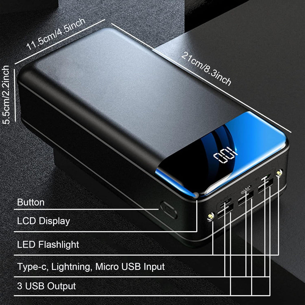 Batterie externe noire avec écran LCD, affichant le pourcentage de charge, équipée de lampe LED, entrées Type-C, Lightning, Micro USB et 3 sorties USB.