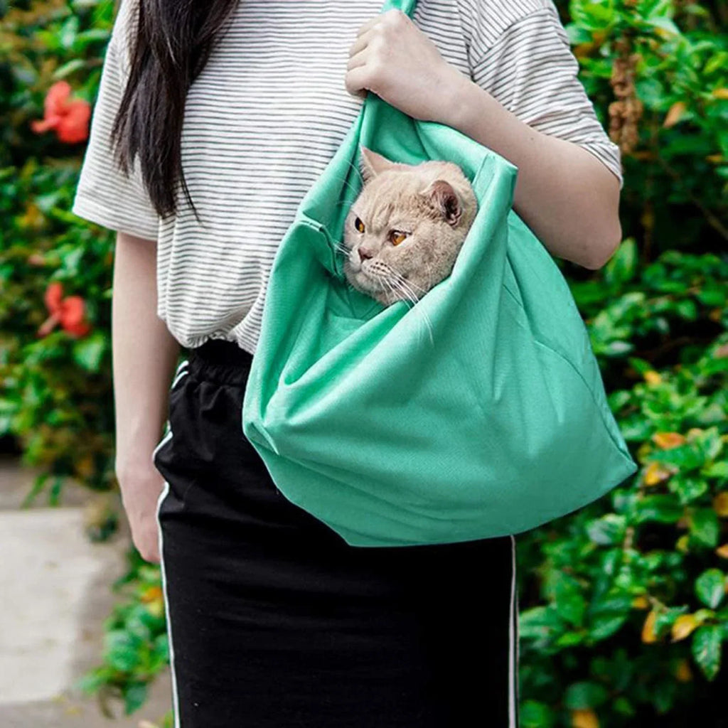 Femme portant un chat dans un sac vert, jardin en arrière-plan. Chat mignon, accessoire de transport, promenade en plein air.