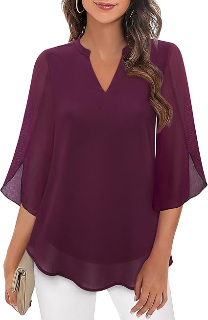 Blouse femme violette à manches trois-quarts évasées, col en V, tenue élégante et chic, idéale pour mode féminine et style décontracté.