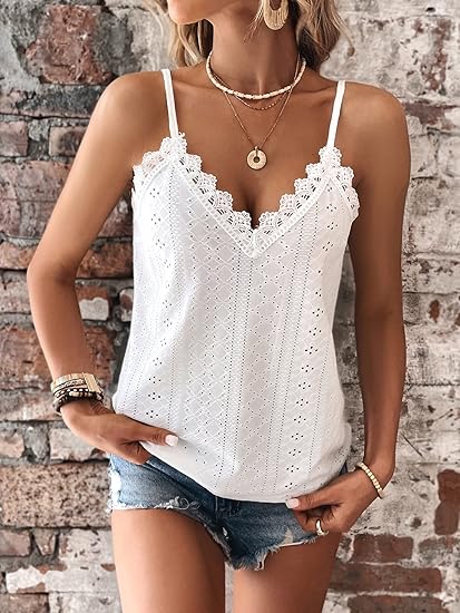 Top de verano sin mangas para mujer con cuello en V y ribete de encaje