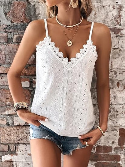 Top de verano sin mangas para mujer con cuello en V y ribete de encaje