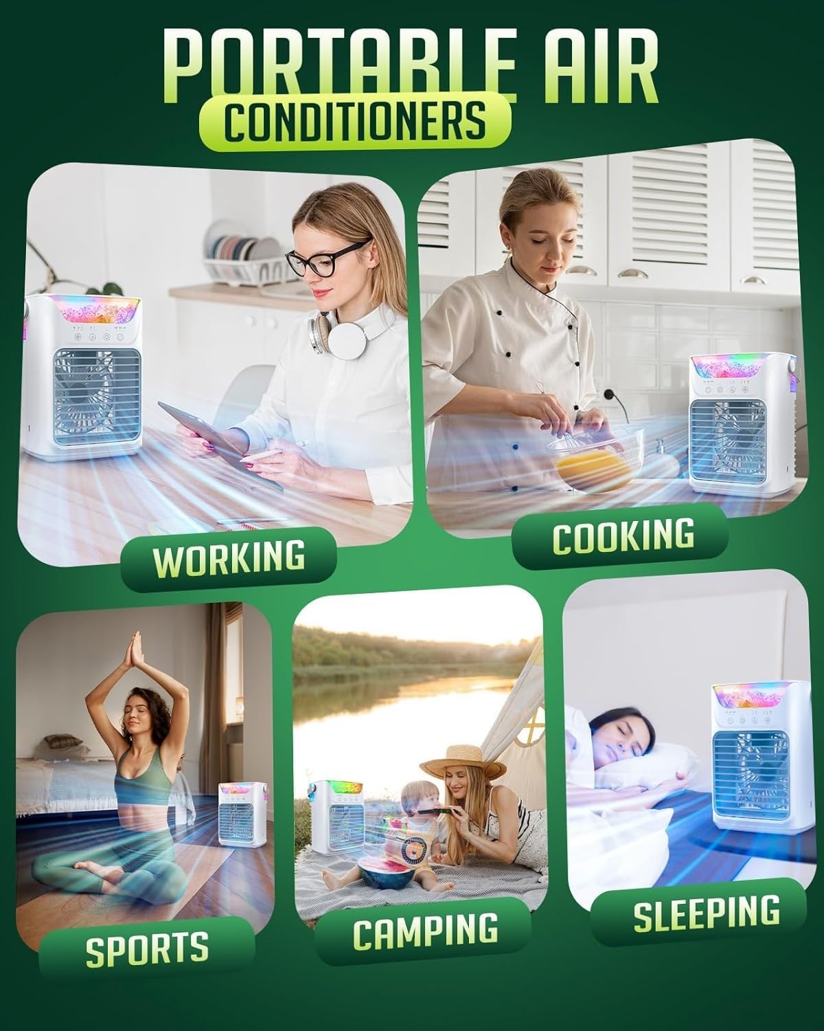 Ventilateur portable avec 3 vitesses et éclairage LED coloré