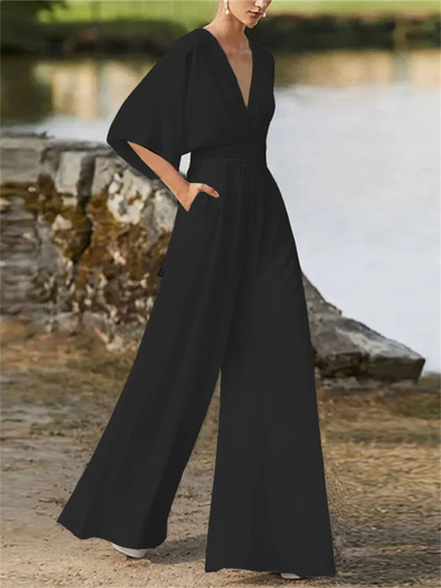 Tuta elegante da donna con scollo a V, gamba larga e maniche a pipistrello | Ideale per l'inverno