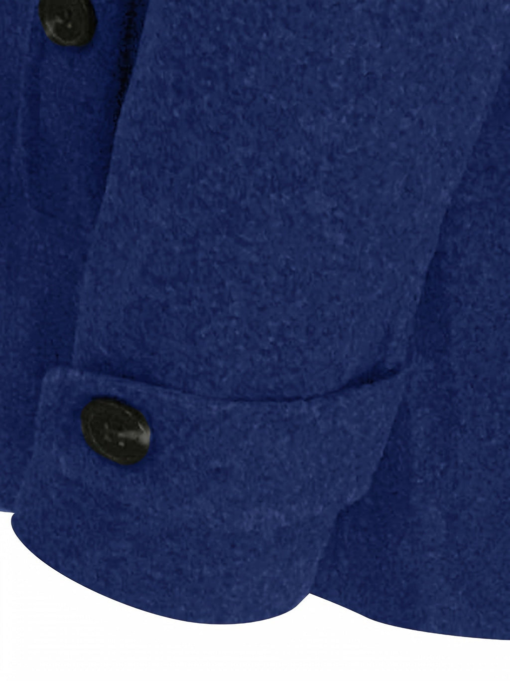 Manche de manteau bleu en laine avec bouton noir, texture épaisse et élégante, mode hiver, vêtement chaud pour homme ou femme.