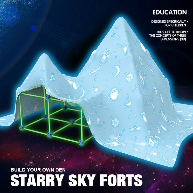 Tente de jeu pour enfants "Starry Sky Forts" avec motifs spatiaux, structure en tubes verts, éducative, favorise l'apprentissage des dimensions 3D.