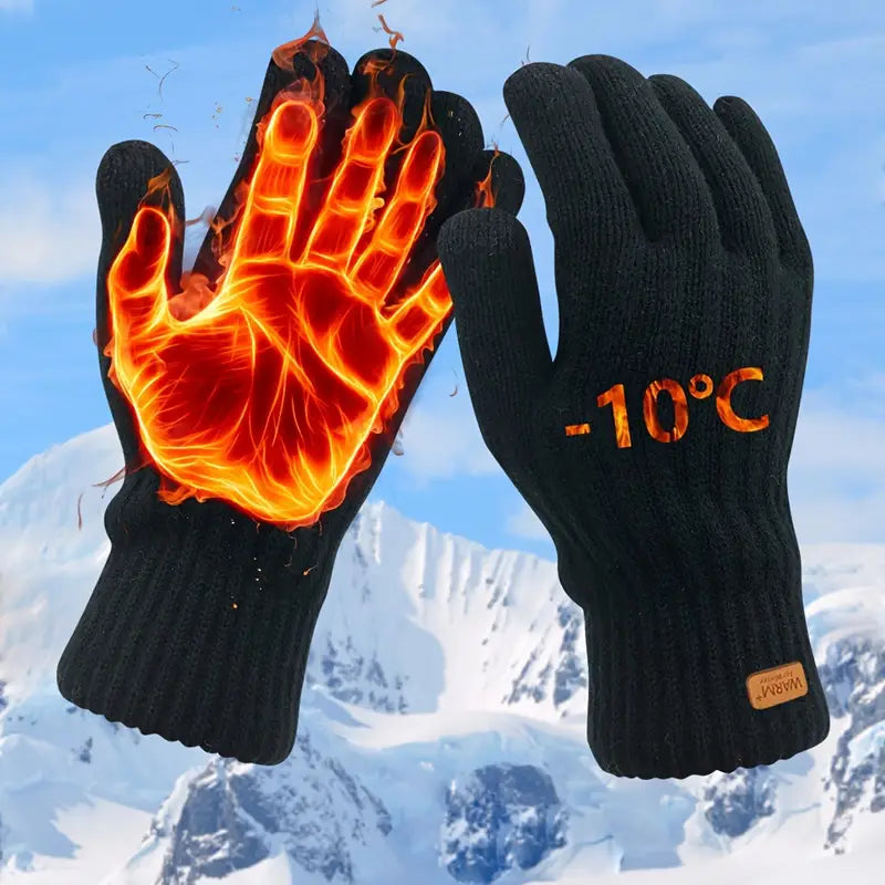 Gants thermiques noirs, résistants au froid jusqu'à -10°C, avec effet visuel de chaleur, sur fond de montagnes enneigées.