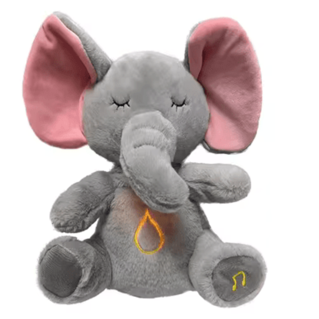 Peluche éléphant gris avec oreilles roses, yeux fermés, motif de goutte orange sur le ventre, symbole musical sur la patte. Jouet doux pour enfants.