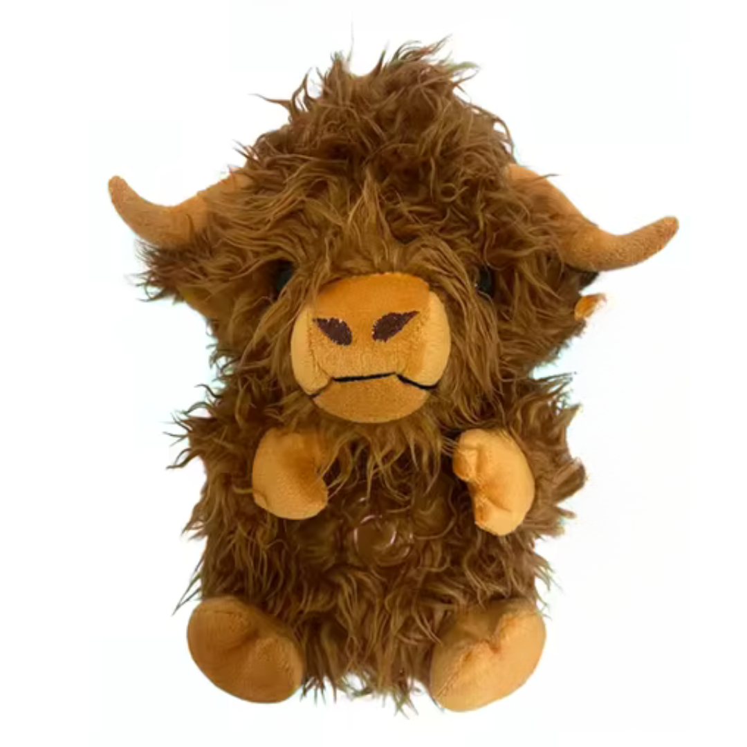 Peluche de vache Highland marron, douce et moelleuse, avec cornes et visage souriant. Jouet en peluche pour enfants, cadeau mignon et câlin.