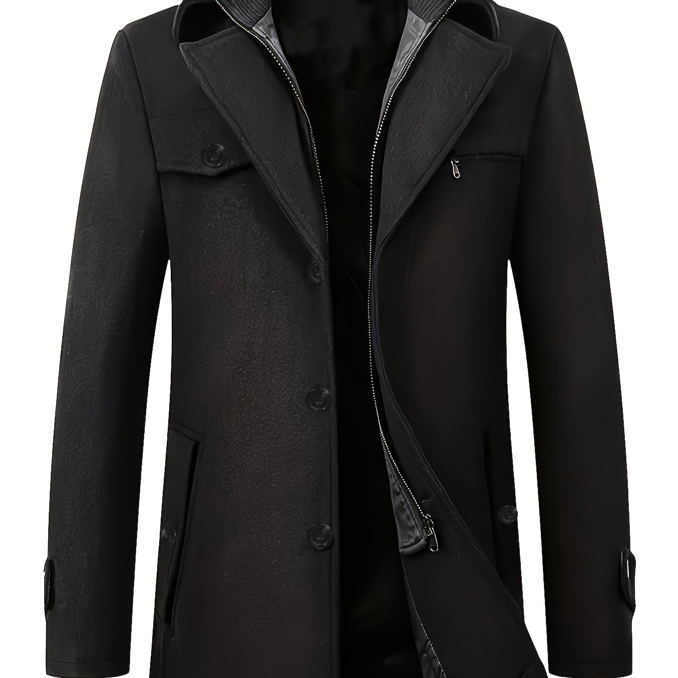 Manteau noir élégant pour homme, style trench-coat, avec fermeture éclair et boutons, col rabattu, poches latérales. Mode masculine automne-hiver.