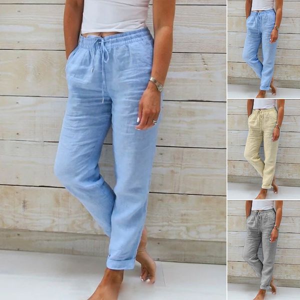 Pantalon en lin pour femme, couleur bleu clair, avec cordon de serrage, poches latérales, confortable et décontracté. Variantes beige, gris, bleu ciel.