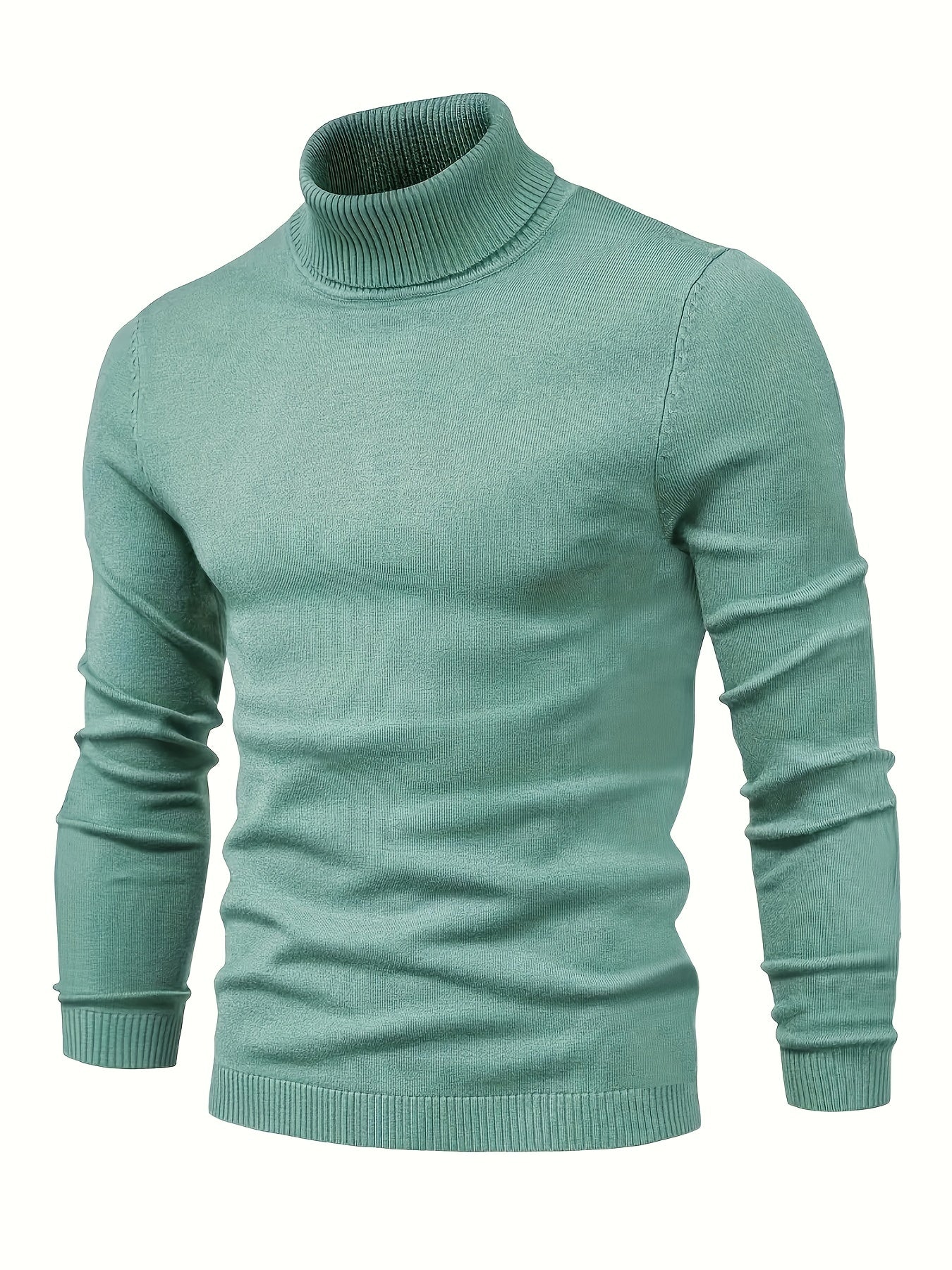 Pull col roulé vert menthe pour homme, manches longues, tricoté, style élégant et moderne, idéal pour l'hiver et la mode masculine.