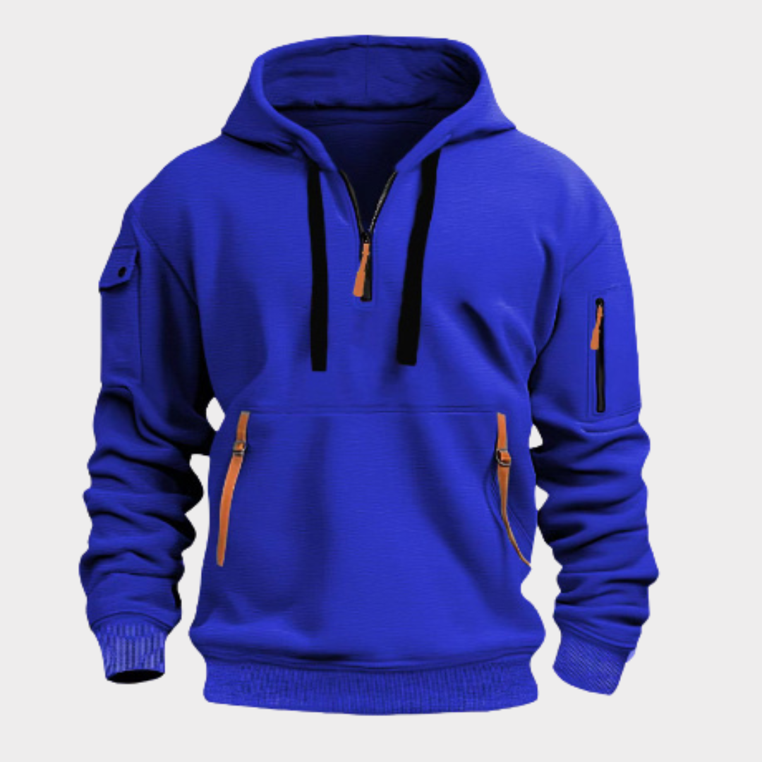 Sweat à capuche bleu avec fermeture éclair orange, poches multiples et manches longues. Mode décontractée, vêtement tendance pour homme.