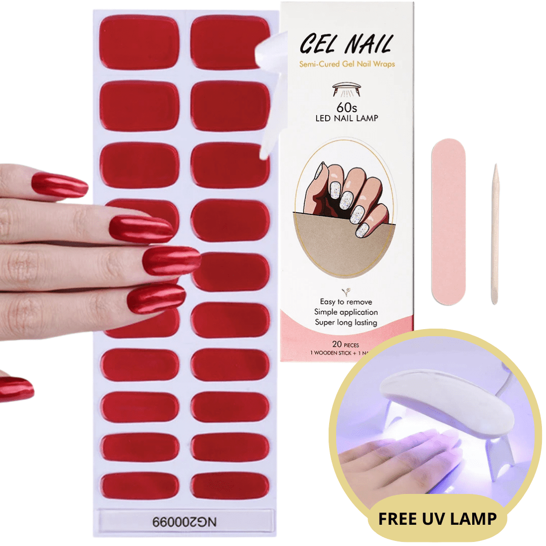 Autocollants ongles rouges semi-polymérisés, kit manucure avec lampe LED UV gratuite, lime à ongles, bâtonnet bois, application facile, longue tenue.