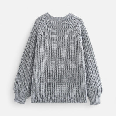 Pull gris en maille épaisse, manches longues, col rond, style décontracté. Vêtement d'hiver chaud et confortable pour homme ou femme.