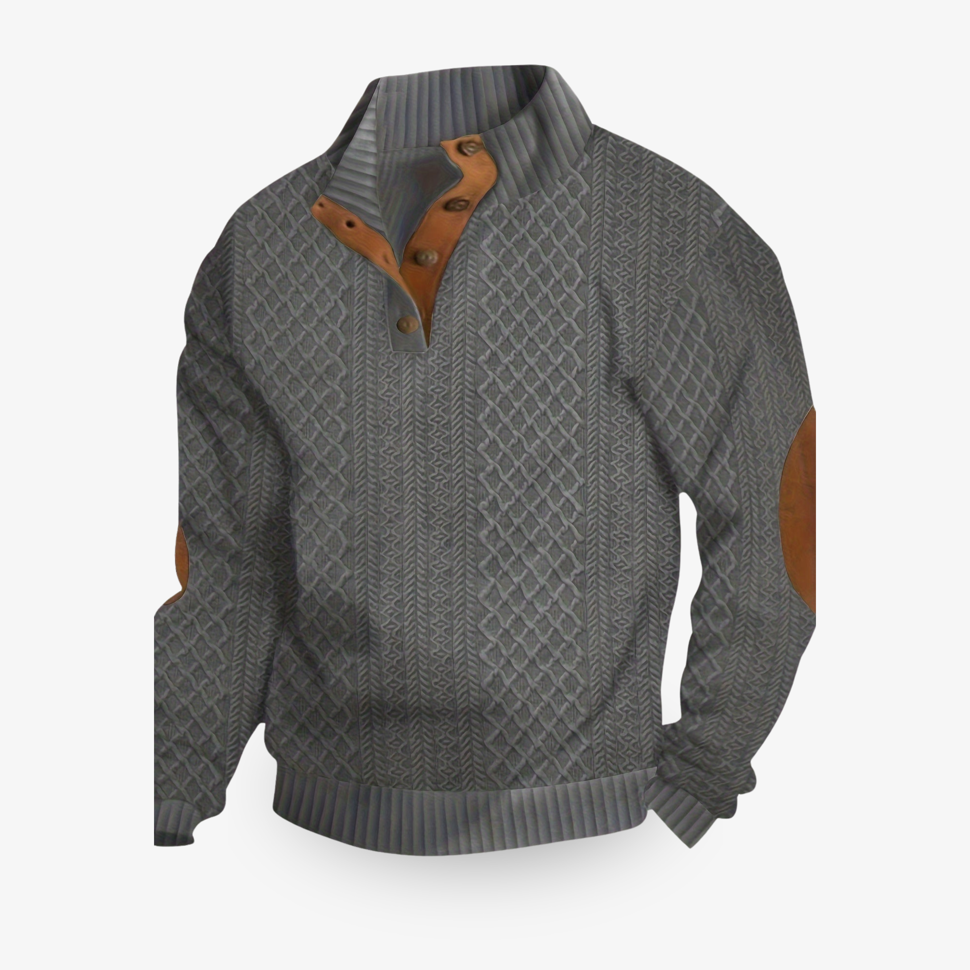 Pull-over gris en maille torsadée avec col boutonné et coudières marron. Mode homme élégante, style automne-hiver, vêtement chaud et confortable.
