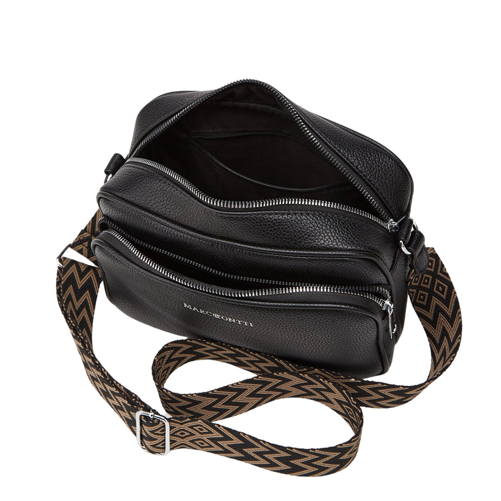 Sac bandoulière en cuir noir avec deux compartiments zippés, bandoulière à motif géométrique marron et noir. Accessoire mode élégant et pratique.