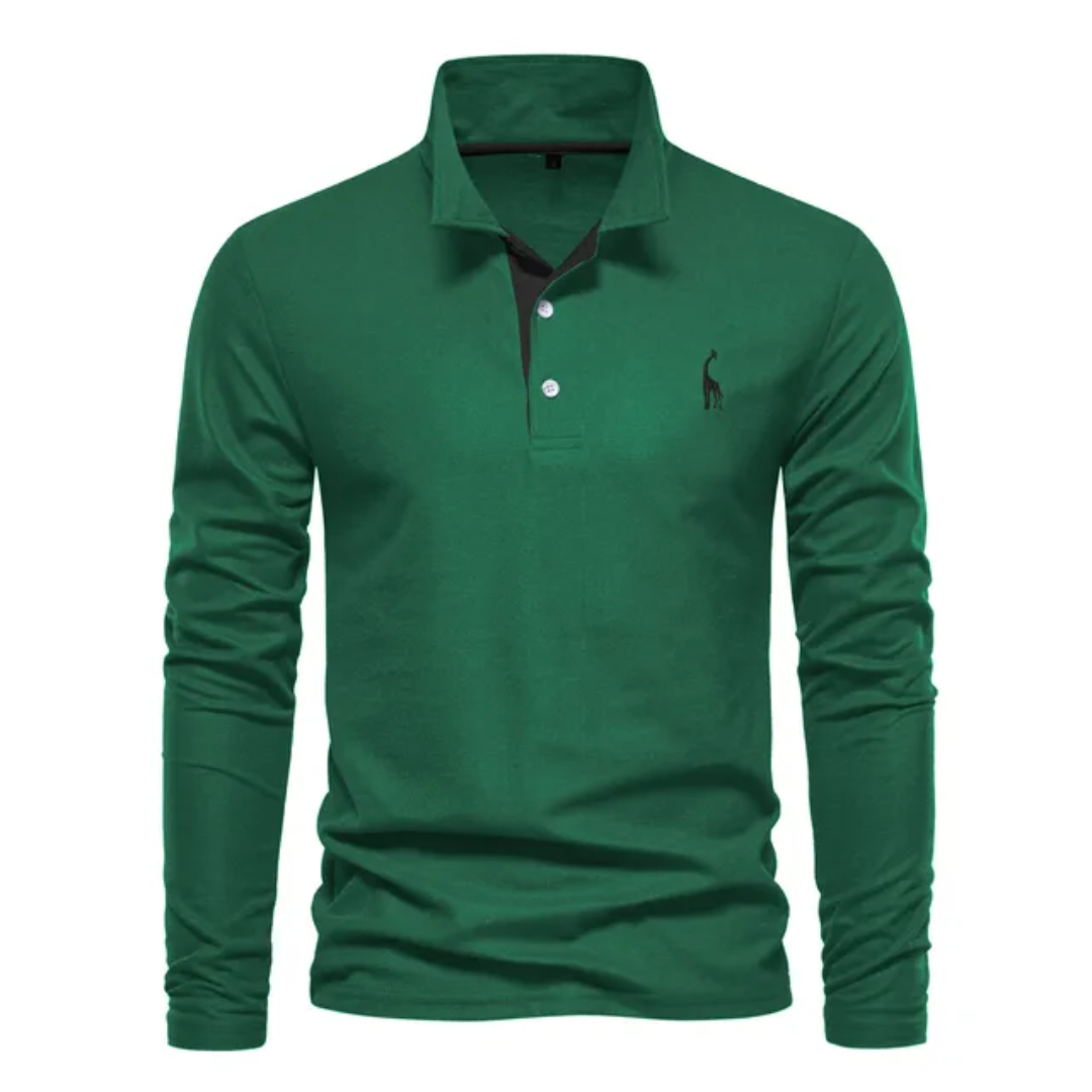 Polo vert à manches longues pour homme, col boutonné, logo brodé, style décontracté, mode masculine, vêtement tendance, automne-hiver.