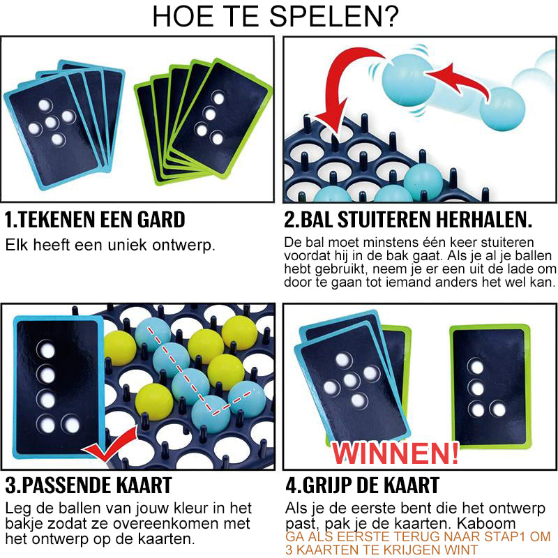 Jeu de société avec cartes et billes bleues. Instructions en néerlandais pour jouer: dessiner, faire rebondir, assortir, saisir. Jeu de stratégie amusant.