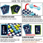 Jeu de société avec cartes et billes bleues. Instructions en néerlandais pour jouer: dessiner, faire rebondir, assortir, saisir. Jeu de stratégie amusant.