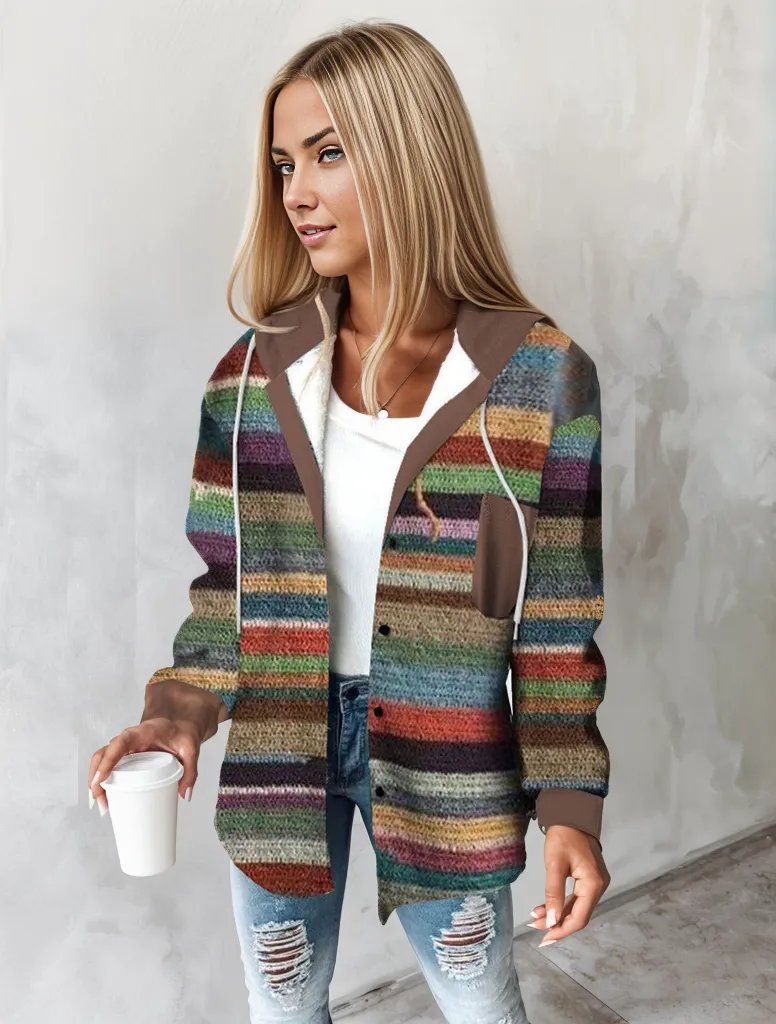 Femme blonde portant un cardigan multicolore à rayures, tenant un gobelet blanc. Mode automne, style décontracté, jeans déchirés.