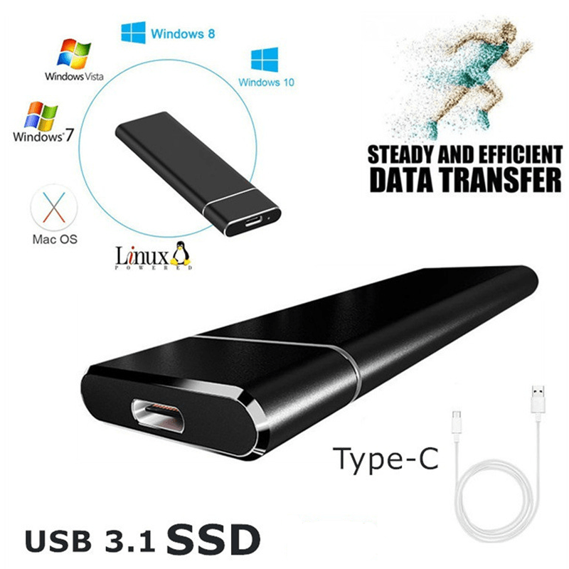 Boîtier SSD USB 3.1 Type-C noir, compatible Windows, Mac OS, Linux. Transfert de données rapide et efficace. Câble inclus.