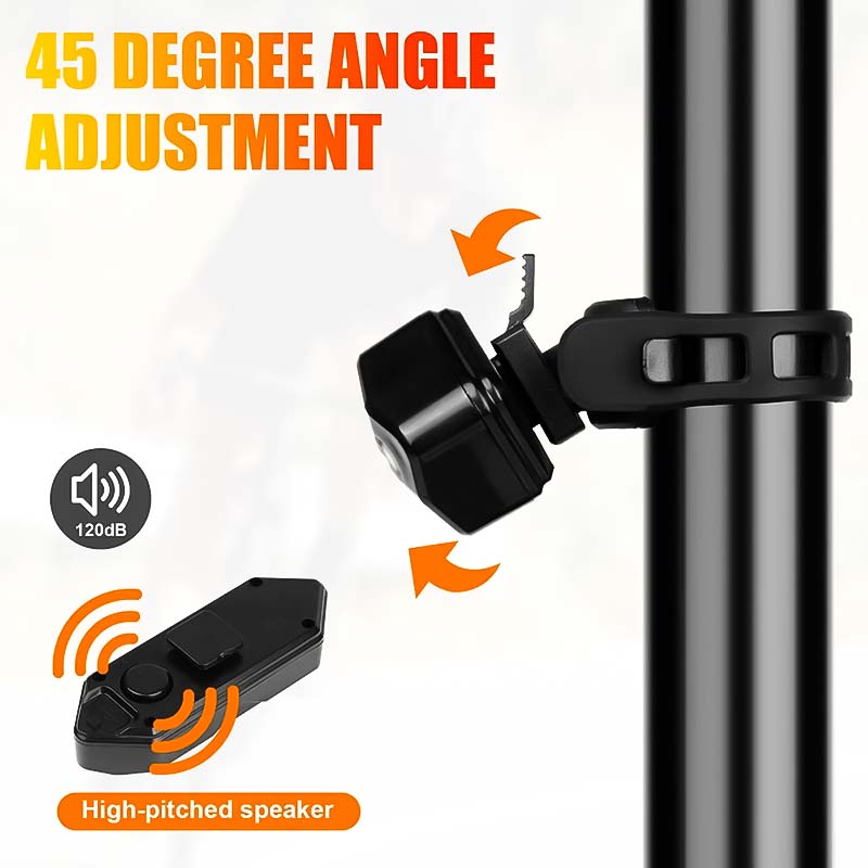 Ajustement d'angle 45 degrés pour haut-parleur puissant 120dB, fixé sur guidon de vélo. Accessoire vélo essentiel pour sécurité et visibilité.