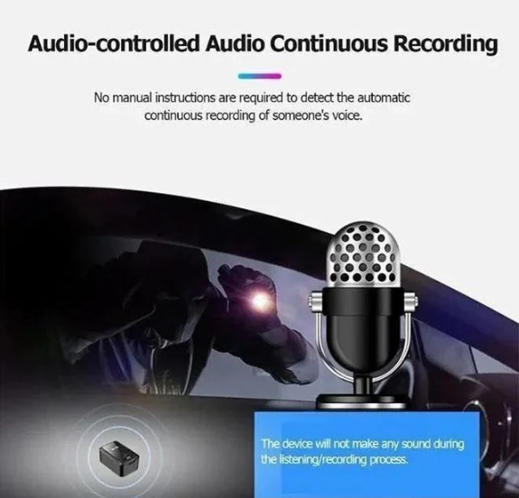 Dispositif d'enregistrement audio continu activé par la voix, illustré avec un microphone et un voleur, sans instructions manuelles nécessaires.