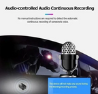 Dispositif d'enregistrement audio continu activé par la voix, illustré avec un microphone et un voleur, sans instructions manuelles nécessaires.