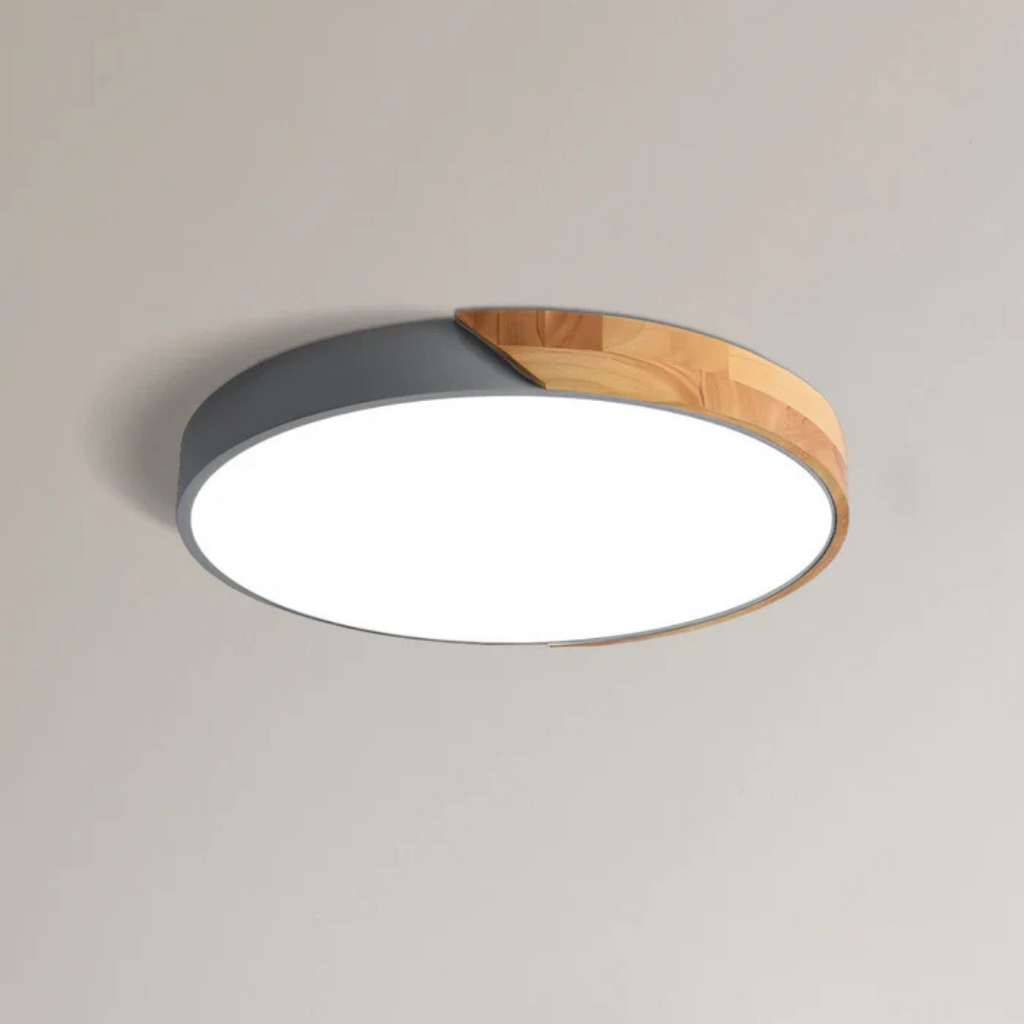Plafonnier LED moderne rond, design bicolore gris et bois, éclairage intérieur élégant, idéal pour salon ou chambre contemporaine.