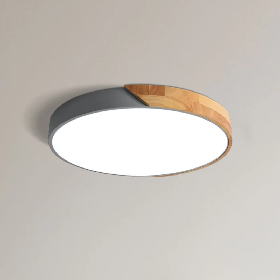 Plafonnier LED moderne rond, design bicolore gris et bois, éclairage intérieur élégant, idéal pour salon ou chambre contemporaine.
