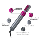 Sèche-cheveux Dyson Airwrap gris et rose, technologie ionique, contrôle intelligent de la température, 3 réglages, dispositif certifié CE.