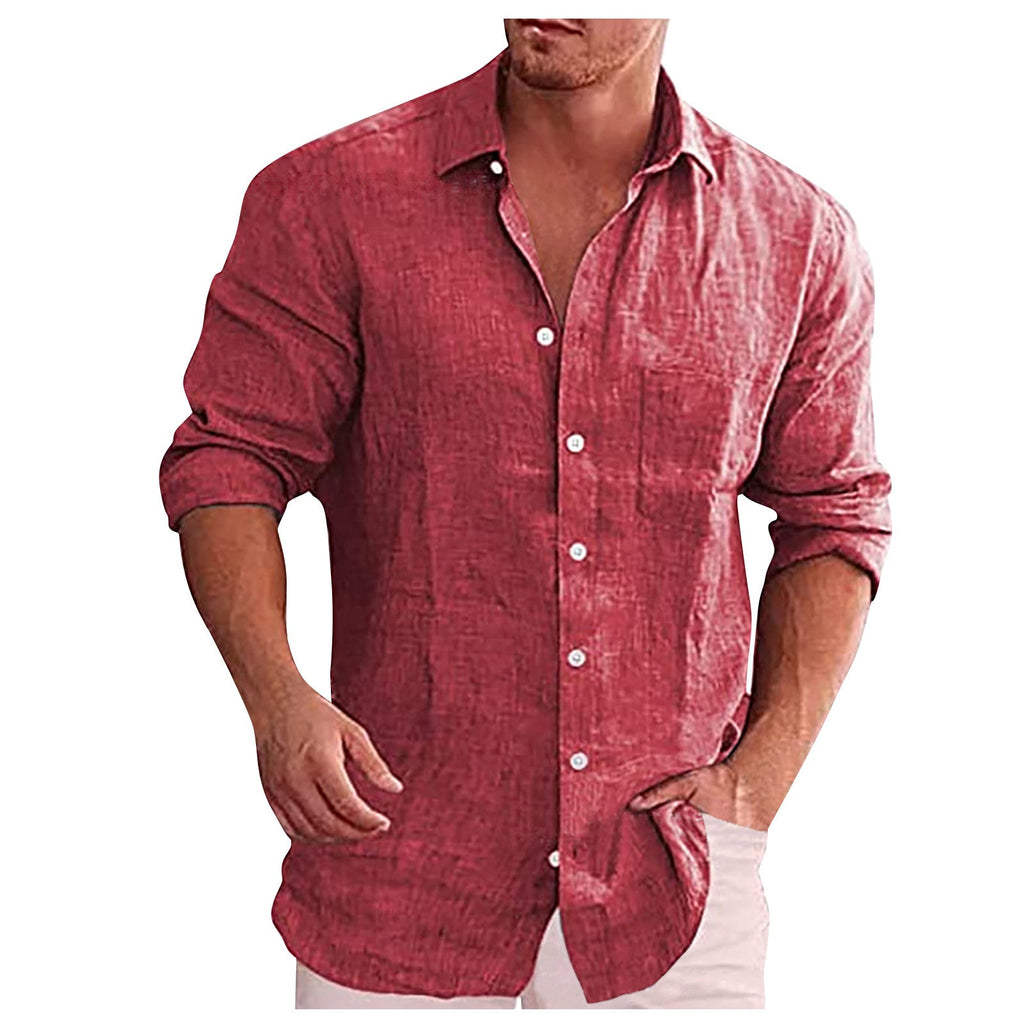 Chemise en lin rouge pour homme, manches longues, col classique, boutons blancs, style décontracté, idéale pour mode estivale et élégance décontractée.