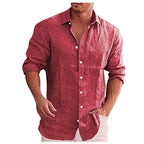 Chemise en lin rouge pour homme, manches longues, col classique, boutons blancs, style décontracté, idéale pour mode estivale et élégance décontractée.
