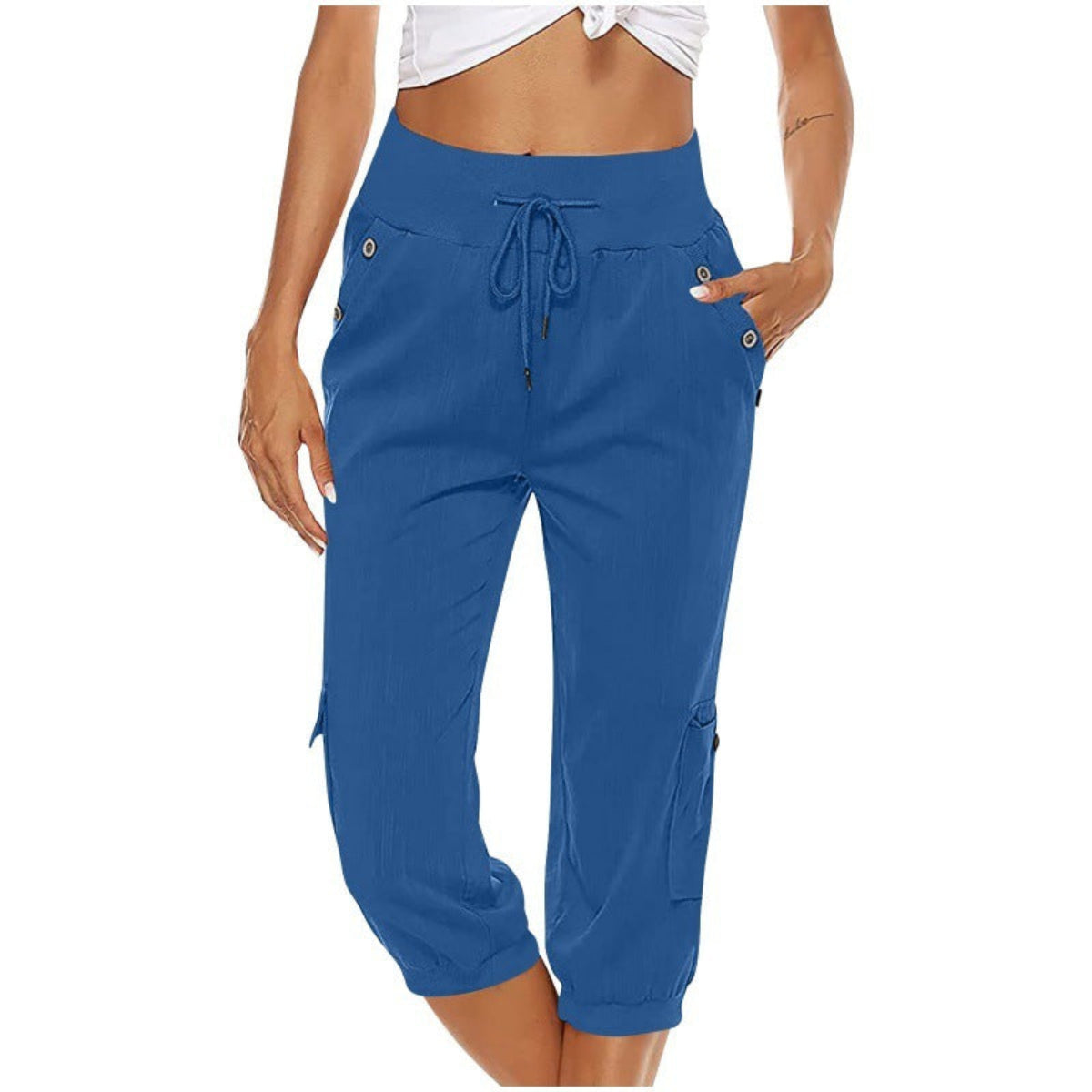 Pantalon capri bleu pour femme, taille élastique avec cordon, poches latérales, style décontracté, idéal pour l'été et les activités sportives.
