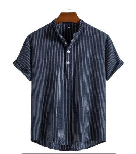 Camisa de lino a rayas para hombre con tapeta de medio botón