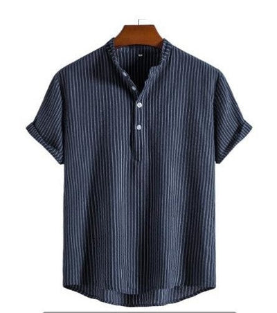 Camisa de lino a rayas para hombre con tapeta de medio botón