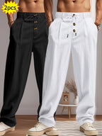 Pantalons décontractés pour hommes, noir et blanc, avec cordon de serrage et boutons en bois, style ample, mode tendance, intérieur moderne.