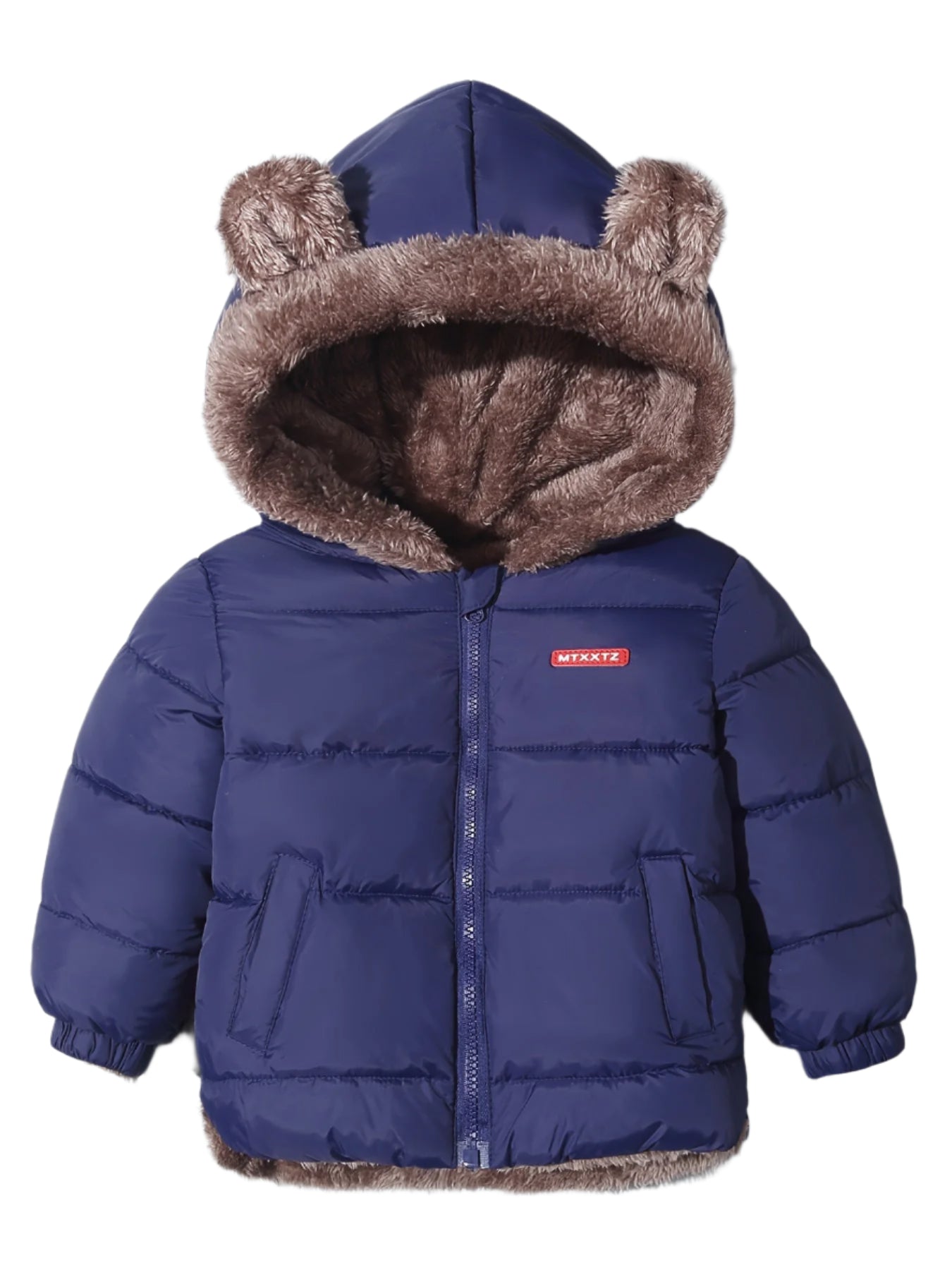 Veste d'hiver bébé bleu avec capuche à oreilles, doublure en fourrure marron, fermeture éclair, poches latérales. Manteau chaud enfant.