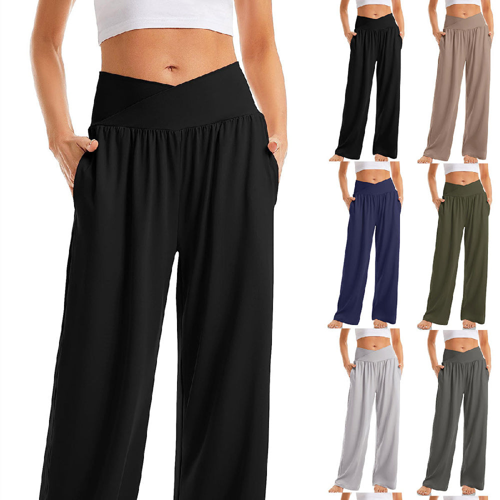 Pantalon large femme taille haute, noir, avec poches. Disponible en plusieurs couleurs: beige, bleu, vert, gris. Mode confortable et élégante.