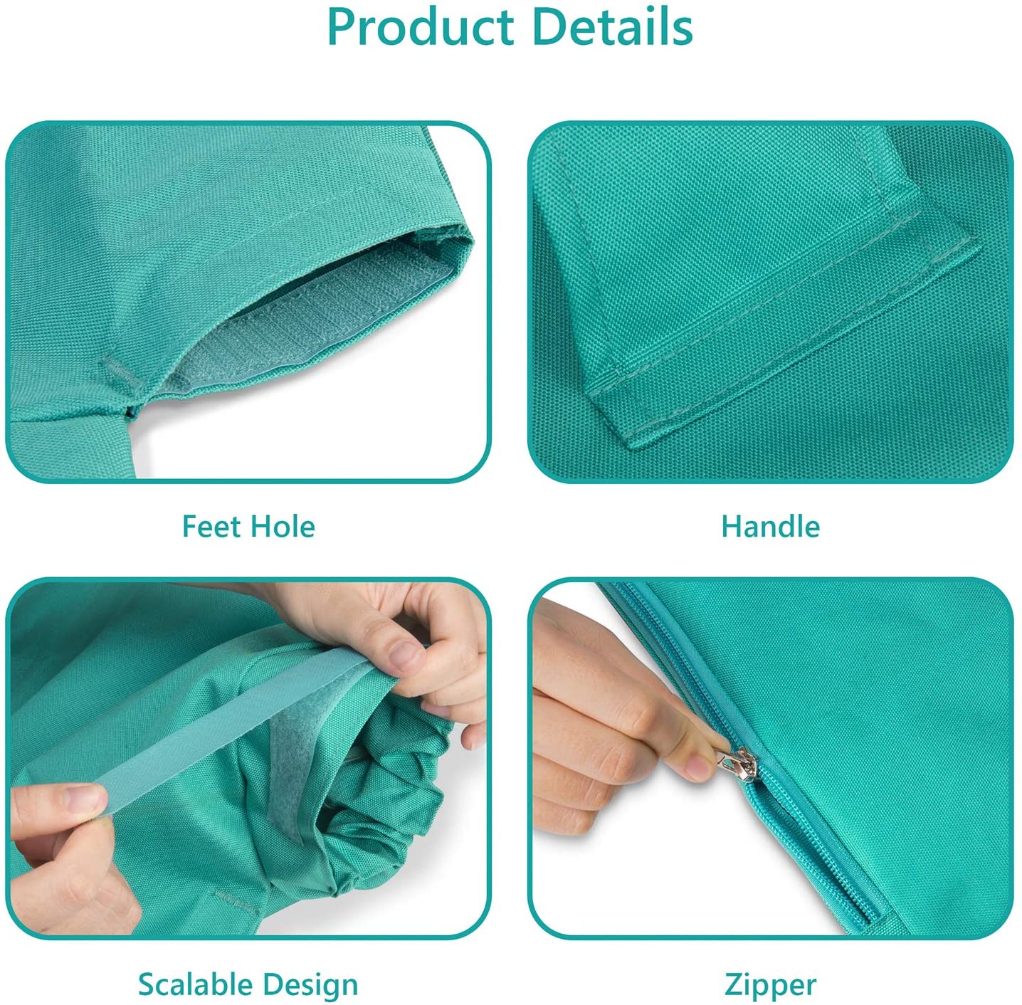 Détails du produit: couverture verte avec trou pour les pieds, poignée, design extensible et fermeture éclair. Accessoire pratique et confortable.