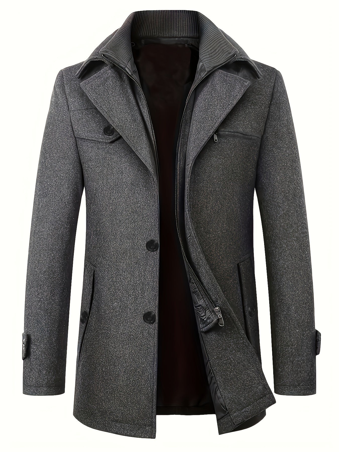 Manteau homme gris élégant, col rabattu, boutons noirs, style classique, idéal pour l'hiver. Veste chaude et chic pour mode masculine.