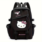 Sac à dos noir Hello Kitty avec motif de chat blanc et nœud rose, poches multiples, design kawaii, idéal pour école ou loisirs.