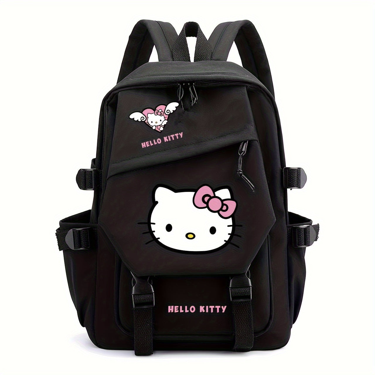 Sac à dos noir Hello Kitty avec motif de chat blanc et nœud rose, poches multiples, design kawaii, idéal pour école ou loisirs.