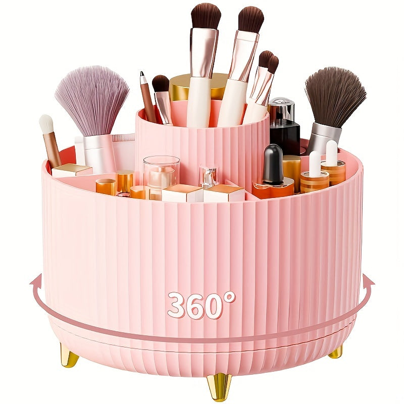 Organisateur rotatif rose à 360° pour maquillage, avec pinceaux, rouges à lèvres et flacons. Accessoire beauté pratique et élégant pour coiffeuse.