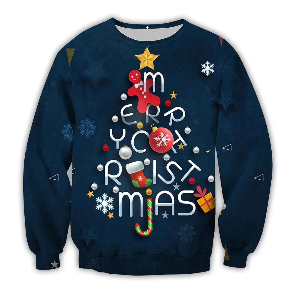 Pull bleu de Noël avec motif sapin, décorations festives, bonhomme en pain d'épice, étoiles, flocons de neige et texte "Merry Christmas".