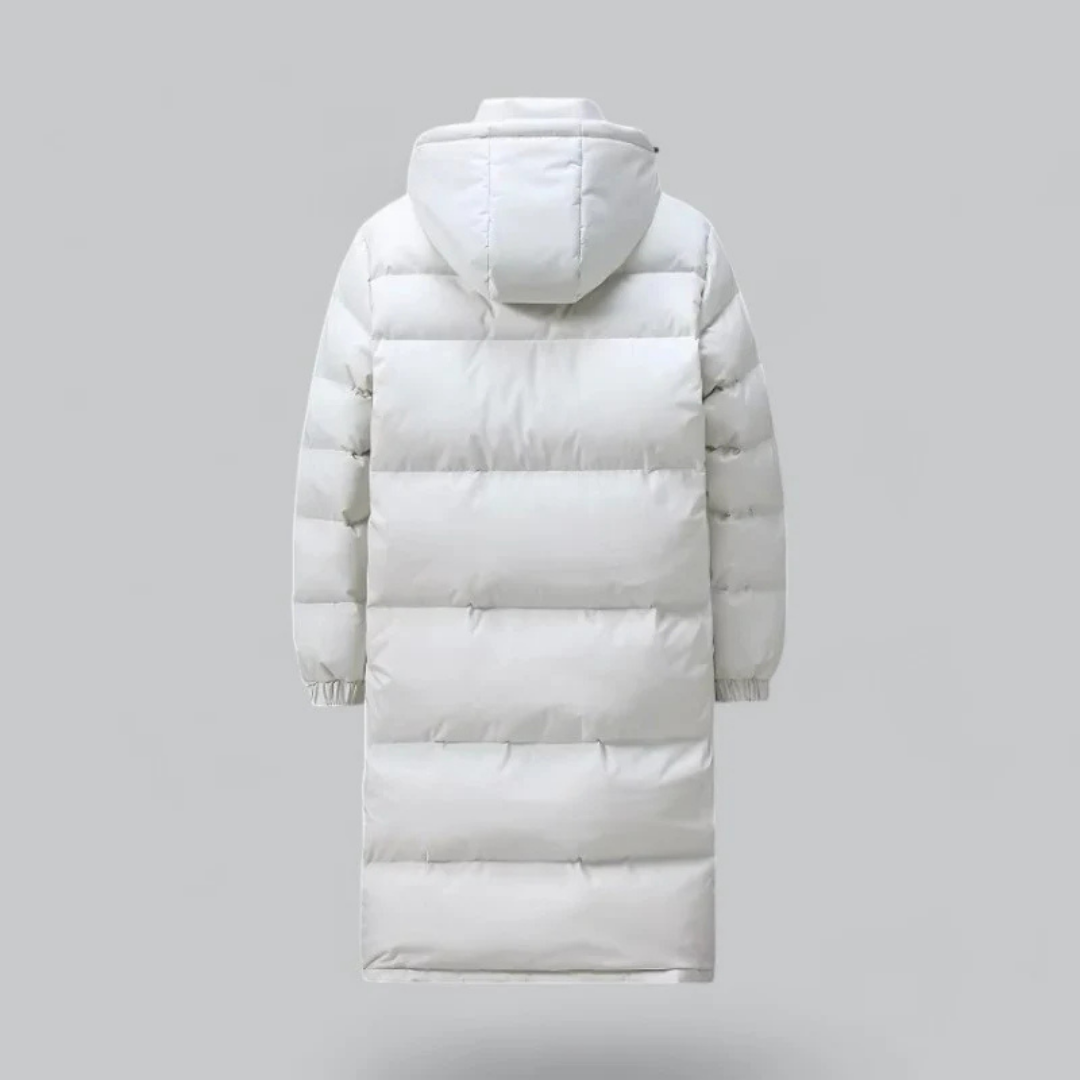 Doudoune longue blanche avec capuche, design matelassé, manches longues, idéale pour l'hiver. Vêtement chaud et élégant pour temps froid.